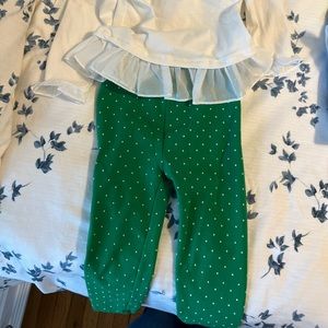 Hanna Andersson green and white polka dot pants and White Little Lass top